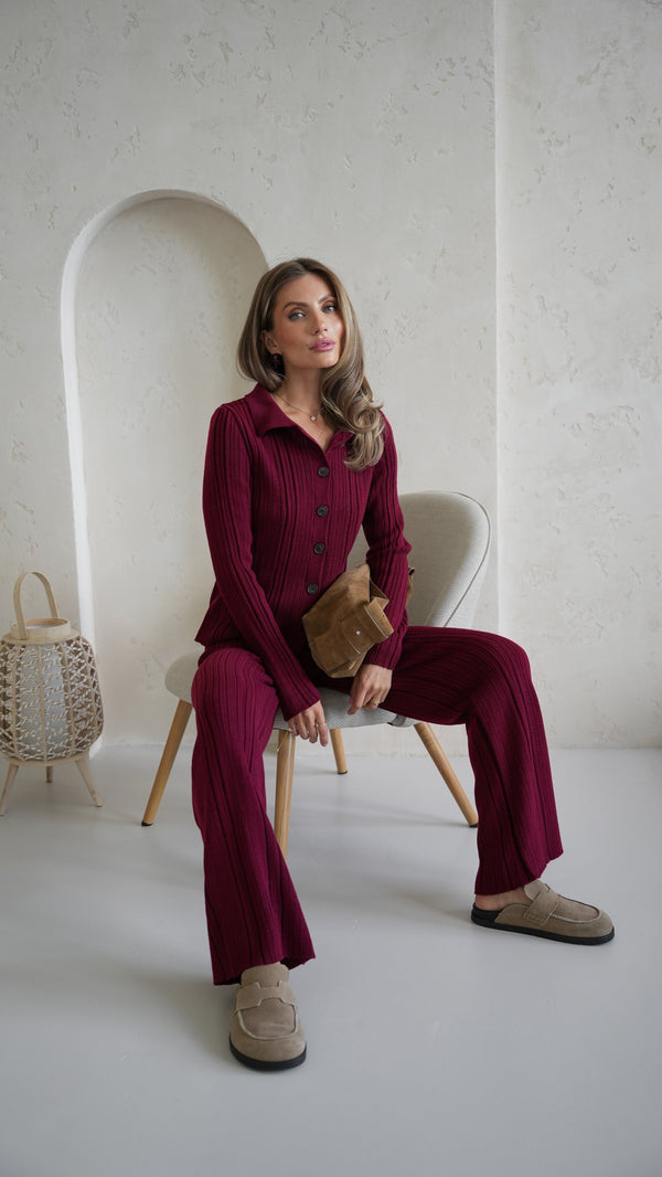 Lucienne Knit Shirt & Trouser Set – Burgundy