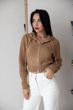 Capucine Cropped Zip Knit Jacket – Camel