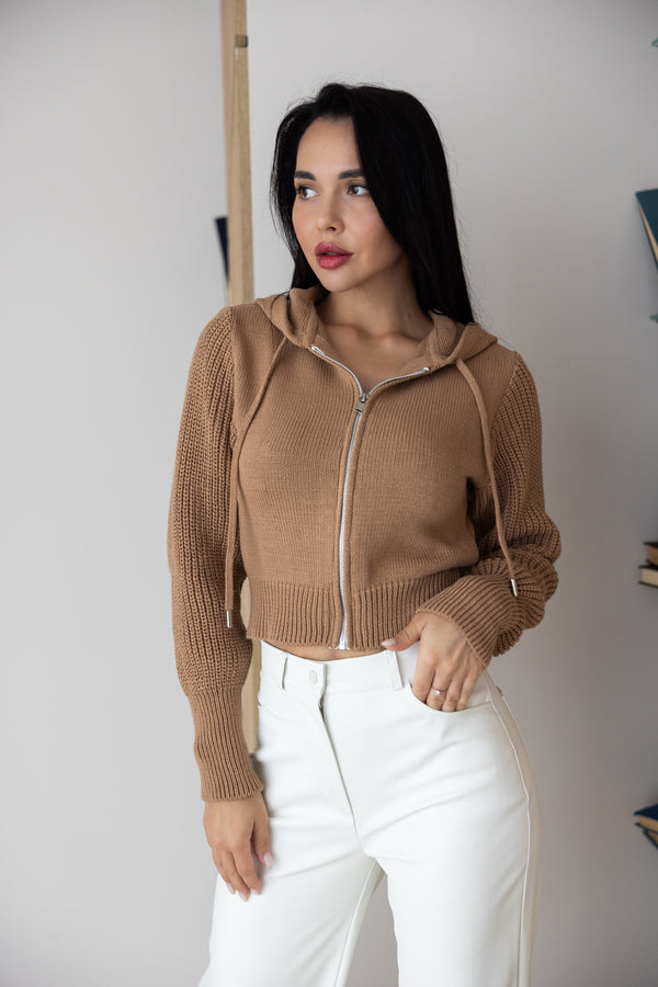 Capucine Cropped Zip Knit Jacket – Camel