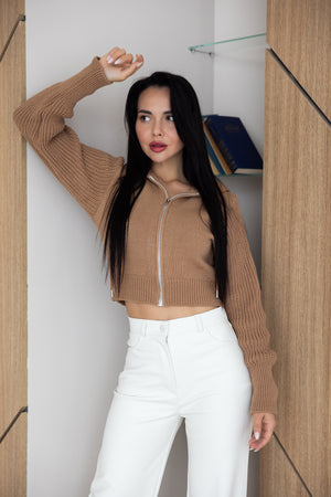Capucine Cropped Zip Knit Jacket – Camel