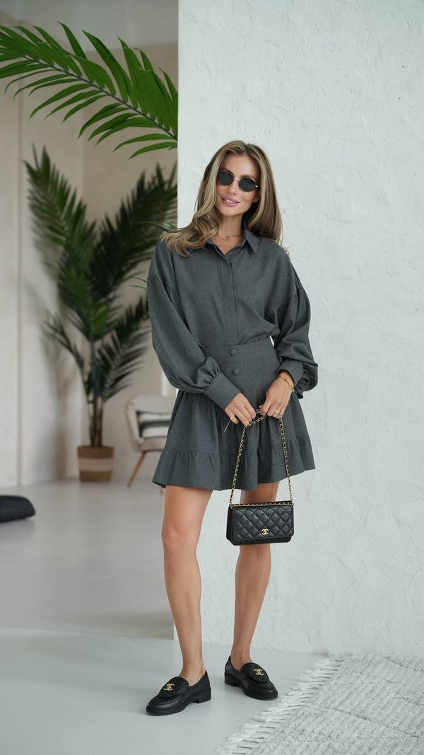 Odile Shirt & Pleated Skirt Set – Grey
