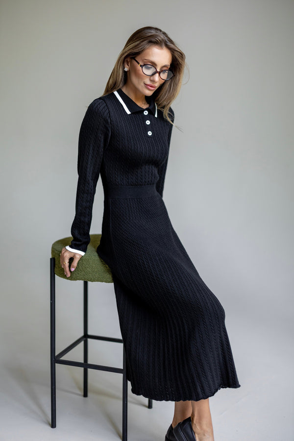 Constance Contrast-Collar Knit Midi Dress – Black