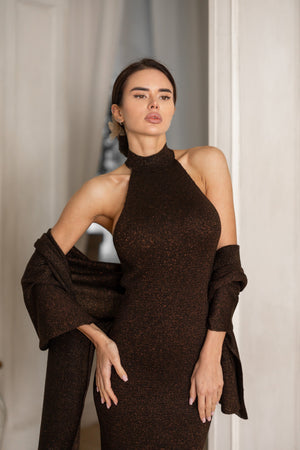 Salomé Halter Maxi & Cardigan Set – Brown