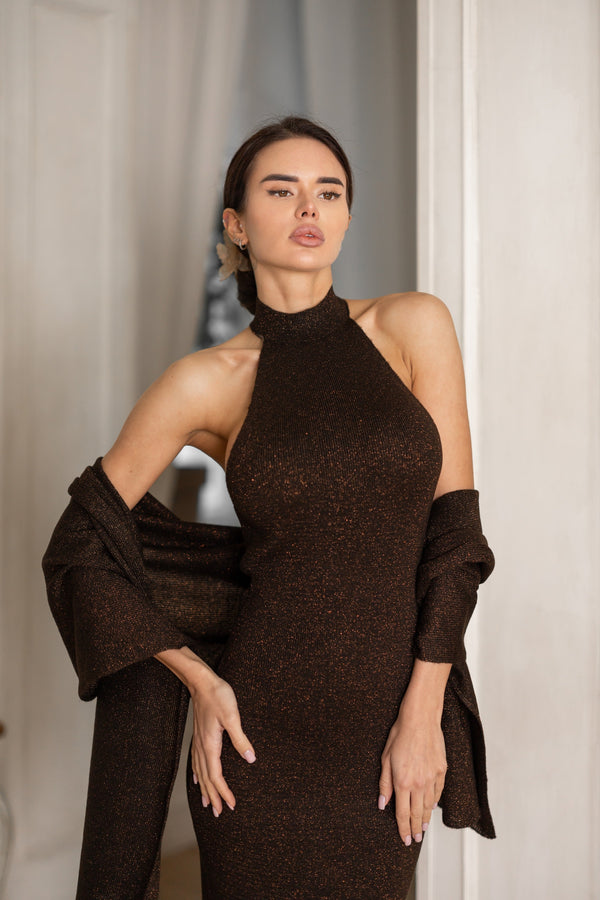 Salomé Halter Maxi & Cardigan Set – Brown