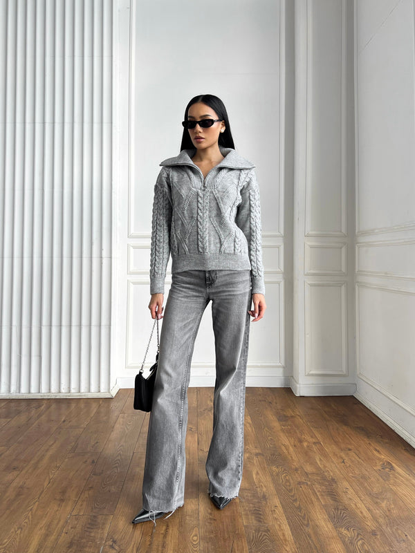 Vera Cable Half-Zip Sweater – Grey