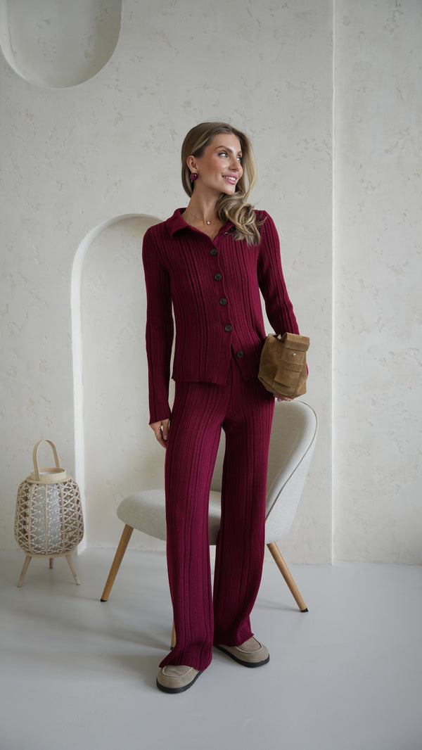 Lucienne Knit Shirt & Trouser Set – Burgundy