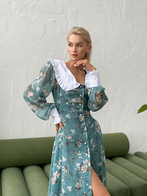 Domitille Collared Floral Midi Dress – Green