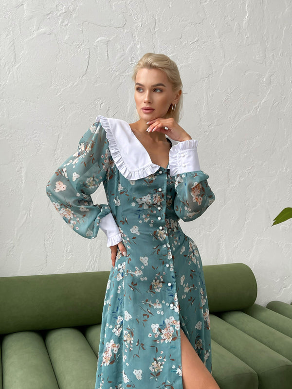 Domitille Collared Floral Midi Dress – Green