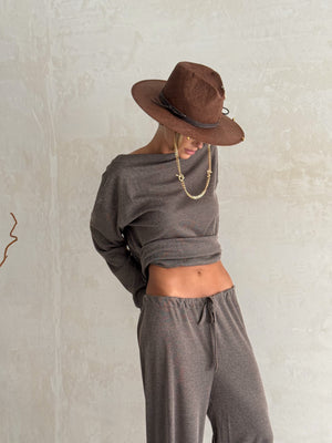 Céleste Off-Shoulder Knit Set – Dark Gray