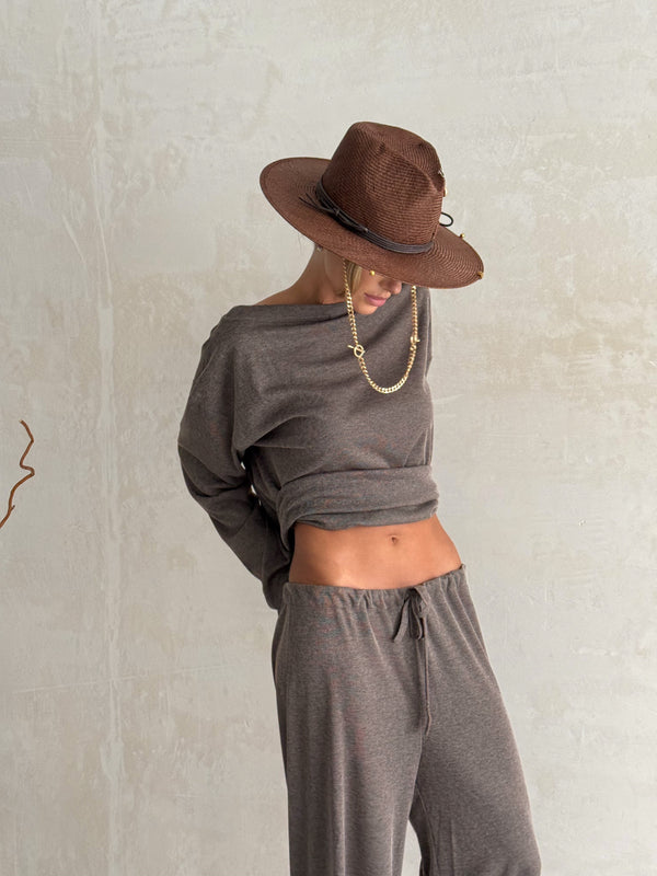 Céleste Off-Shoulder Knit Set – Dark Gray