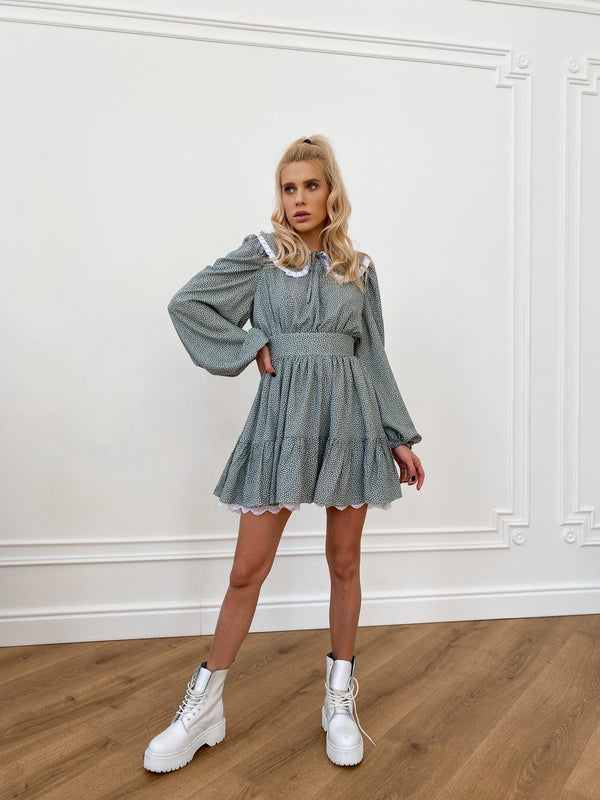 Oriane Lace-Trim Printed Mini Dress – Blue