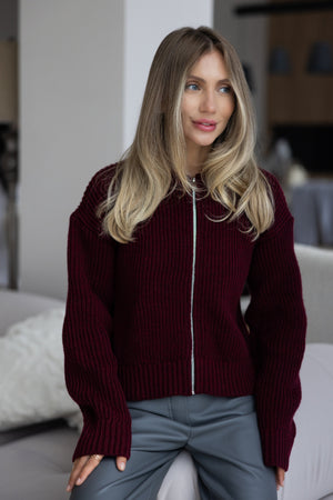 Romy Zip-Front Knit Jacket – Burgundy