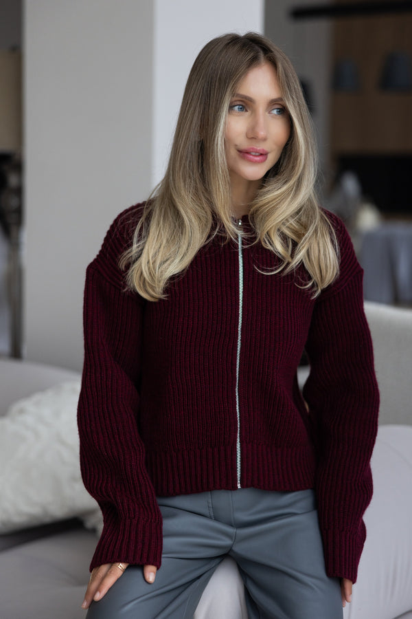 Romy Zip-Front Knit Jacket – Burgundy