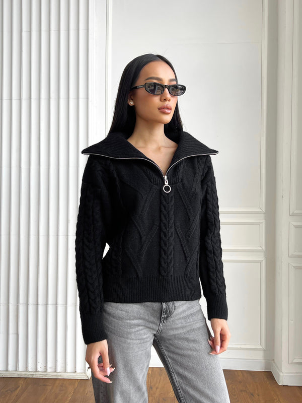 Vera Cable Half-Zip Sweater – Black