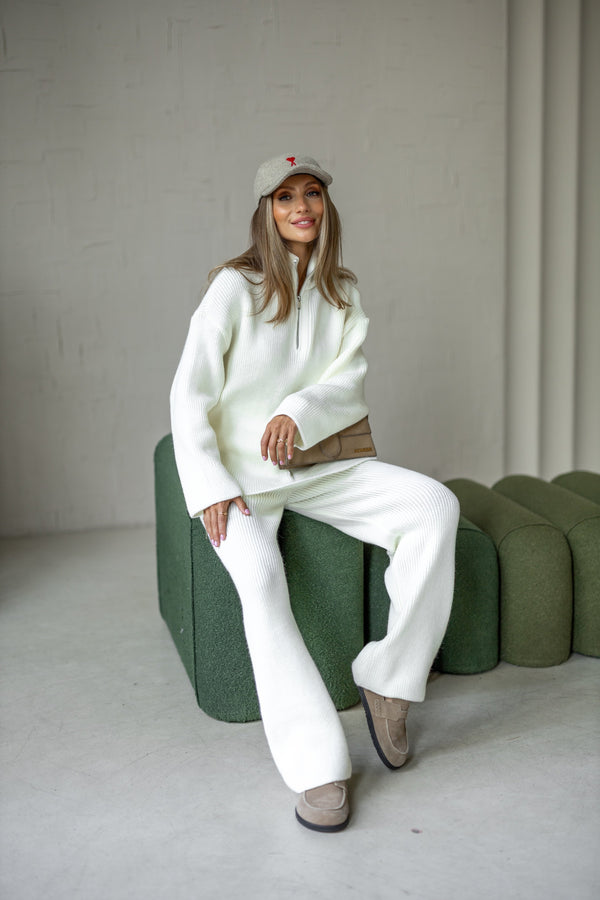 Agathe Half-Zip Knit Set – Milk White