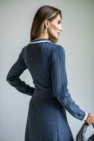 Constance Contrast-Collar Knit Midi Dress – Blue