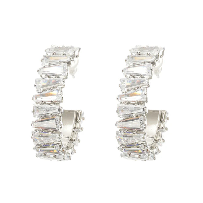 Silver Hoop Earrings with Baguette Crystals