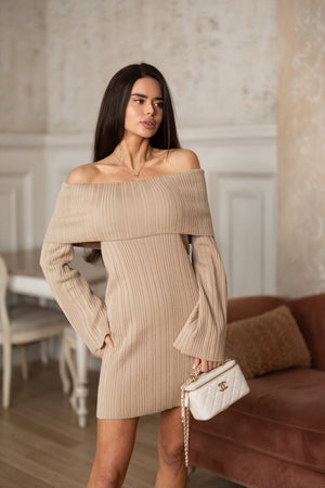 Noor Off-Shoulder Knit Dress – Beige