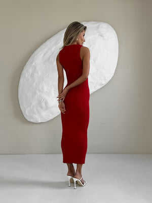 Anaëlle Ribbed Column Maxi Dress – Red
