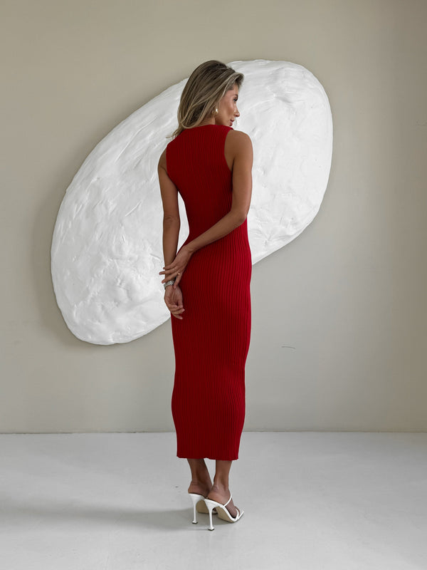 Anaëlle Ribbed Column Maxi Dress – Red