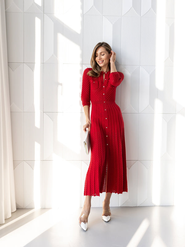 Aurelie Pointelle Knit Maxi Dress – Red