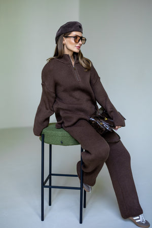 Agathe Half-Zip Knit Set – Brown