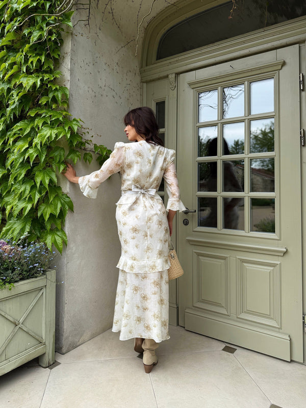 Sixtine Printed Tiered Maxi Dress – Beige