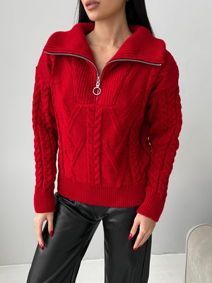 Vera Cable Half-Zip Sweater – Red