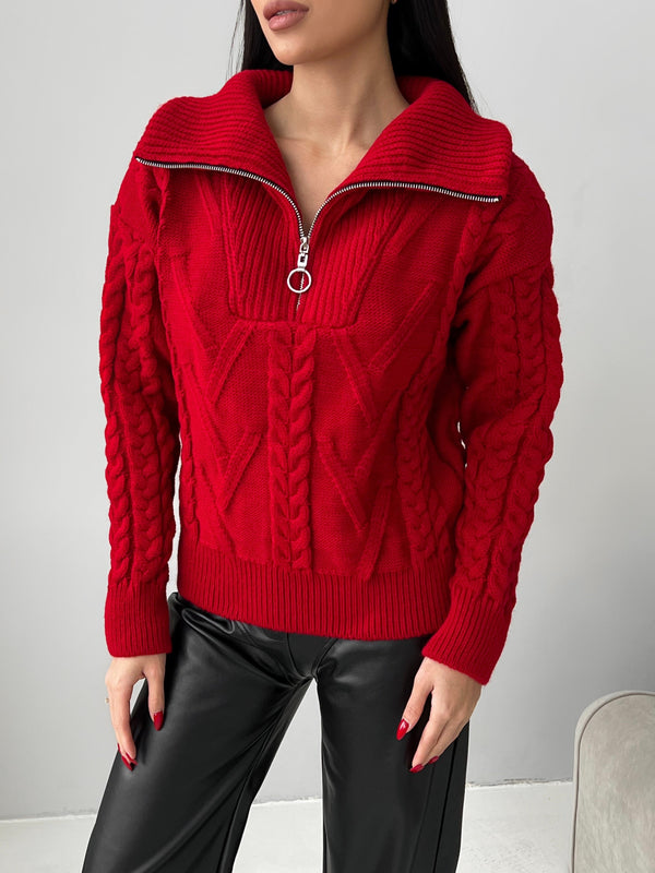 Vera Cable Half-Zip Sweater – Red