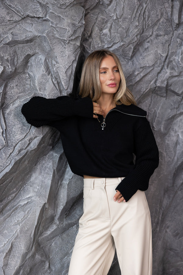 Éliane Half-Zip Cropped Sweater – Black