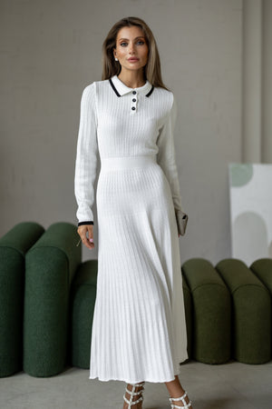 Constance Contrast-Collar Knit Midi Dress – White
