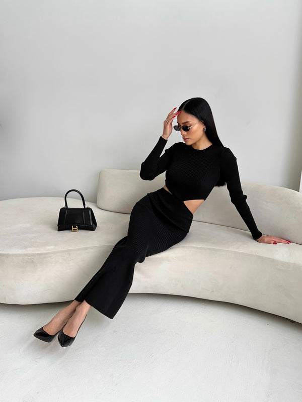Nadia Ribbed Cut-Out Knit Set – Black