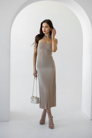 Emeline Strapless Pleated Dress – Beige