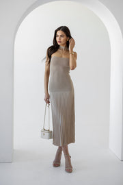 Emeline Strapless Pleated Dress in Beige