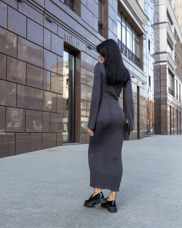 Rosalie Ribbed Midi Dress – Graphite