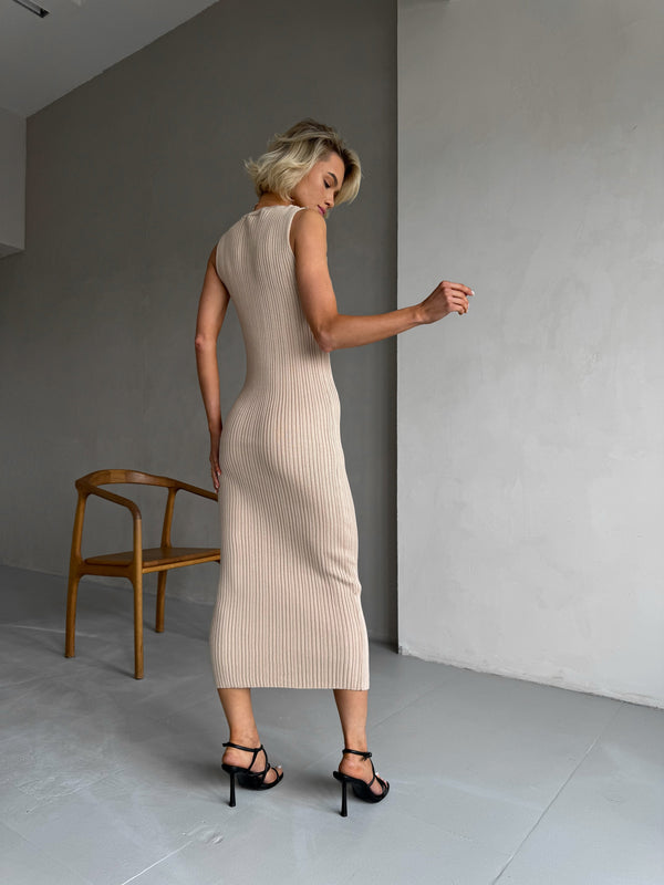 Anaëlle Ribbed Column Maxi Dress – Sand