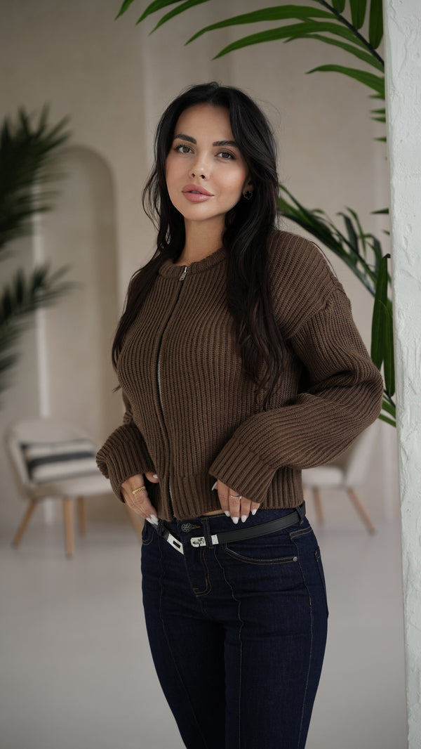 Romy Zip-Front Knit Jacket – Brown