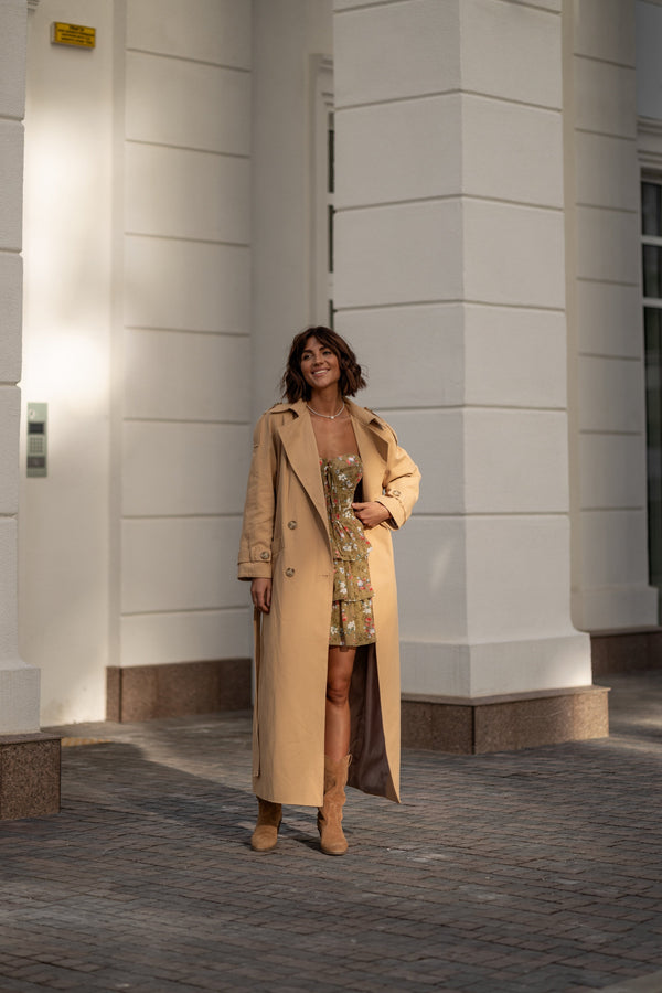 Dorothée Belted Faux-Leather Trench – Camel