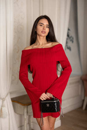 Noor Off-Shoulder Knit Dress – Red