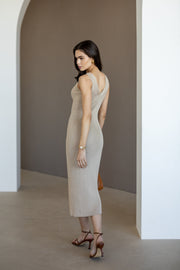 Léonie Buttoned Knit Midi Dress in Beige