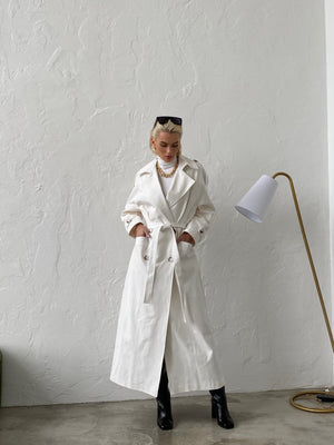 Dorothée Belted Faux-Leather Trench – White