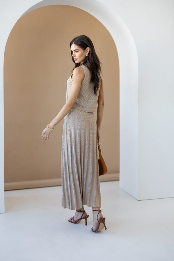 Ophélie Knit Top & Pleated Skirt Set – Beige