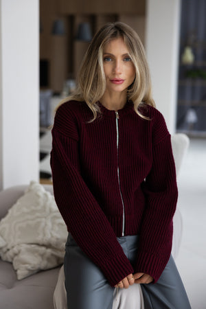 Romy Zip-Front Knit Jacket – Burgundy