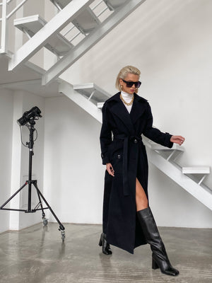Dorothée Belted Faux-Leather Trench – Navy