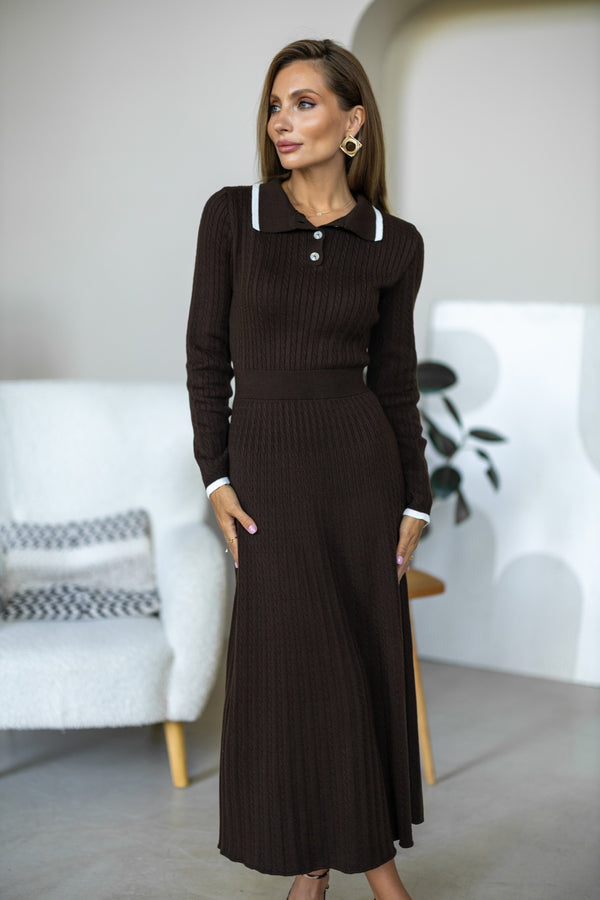 Constance Contrast-Collar Knit Midi Dress – Brown