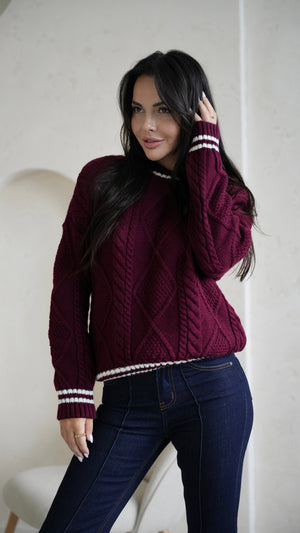 Beatrice Contrast-Trim Cable Sweater – Burgundy