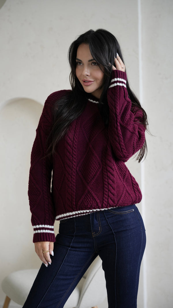 Beatrice Contrast-Trim Cable Sweater – Burgundy