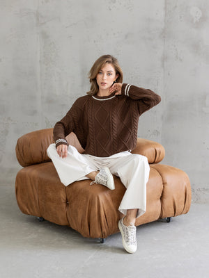 Beatrice Contrast-Trim Cable Sweater – Brown