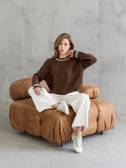 Beatrice Contrast-Trim Cable Sweater in Brown