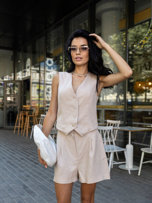 Sienna Waistcoat & Shorts Set – Beige